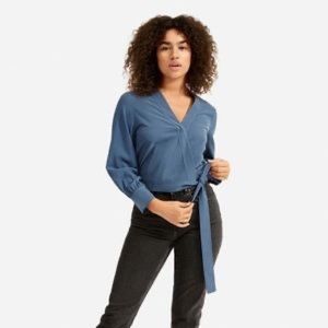 Everlane The Washable Silk Wrap Top Blue Sz. 2 NWT